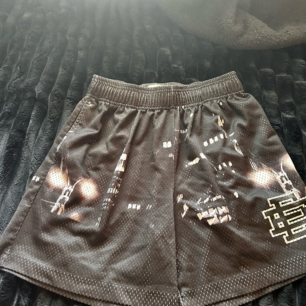 Black Graphic Mesh Shorts